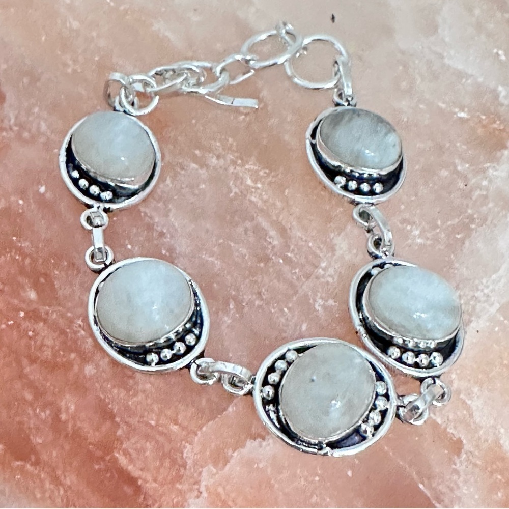Handcrafted Artisan Jewelry Bracelet with White Moonstone Cabochons Art to Wear